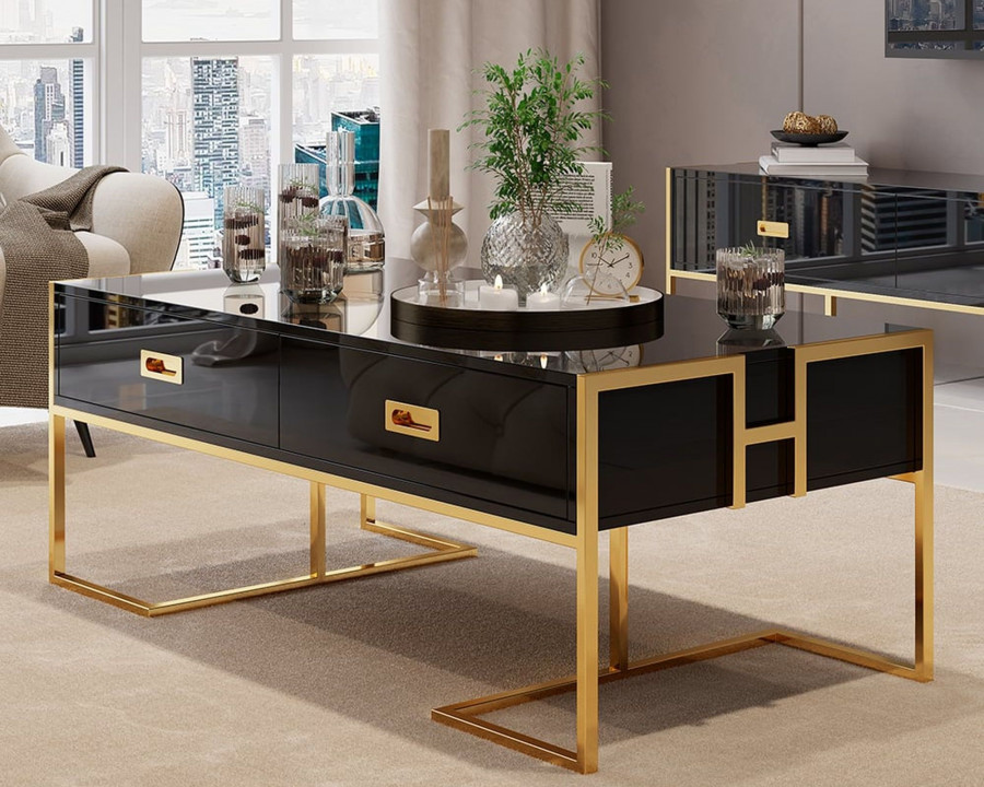 HMR Jocise Modern Rectangular Coffee Table - Black/Gold