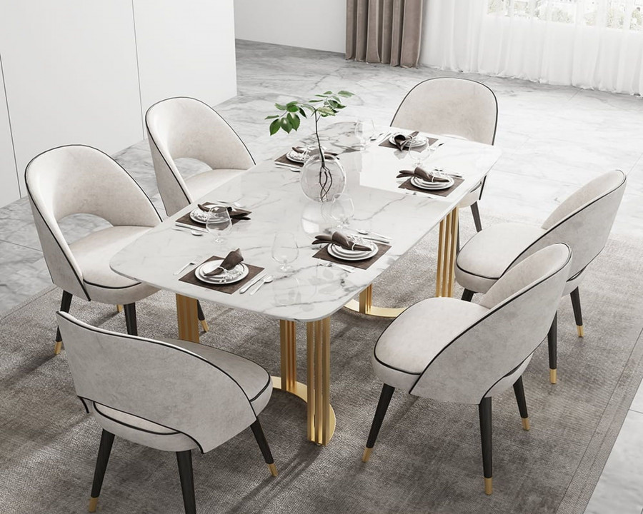 HMR Modern 79" Rectangle Dining Table for 4-6 People - Gold/White, Faux Marble