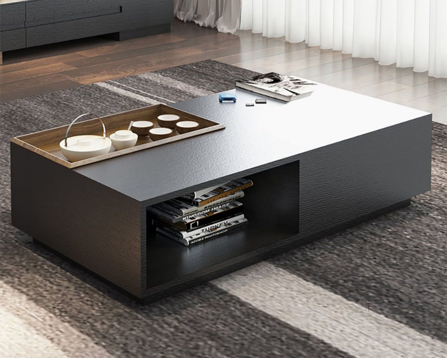 HMR - Rectangular Wood Coffee Table with Drawer and Removable Tray Top in Black and Walnut