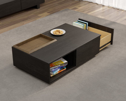 HMR - Rectangular Wood Coffee Table with Drawer and Removable Tray Top in Black and Walnut