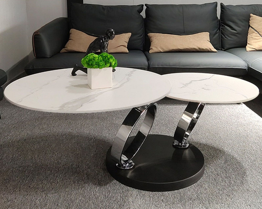 HMR Modern Extendable Coffee Table with Ring-Shaped Metal Pedestal - Chrome