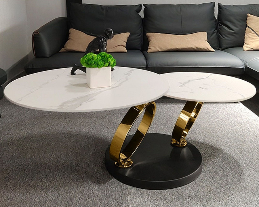 HMR Modern Extendable Coffee Table with Ring-Shaped Metal Pedestal