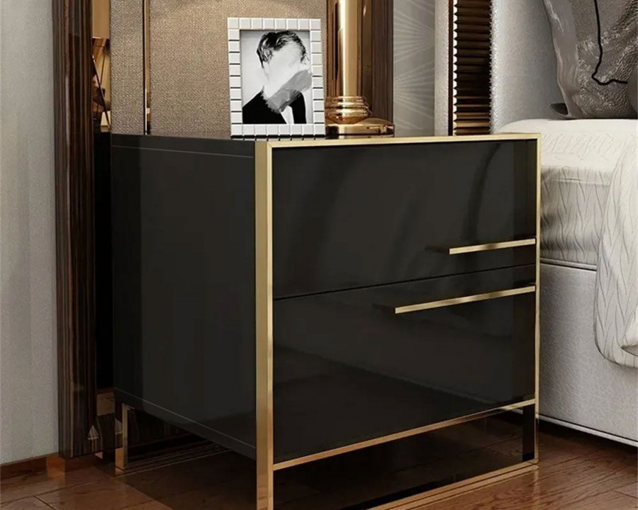 HMR Cylina Series Modern Square Nightstand with 2 Drawers - Black/Gold, Right Hand