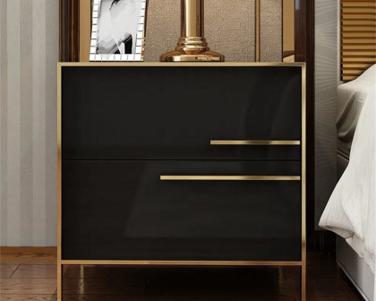 HMR Cylina Series Modern Square Nightstand with 2 Drawers - Black/Gold, Right Hand