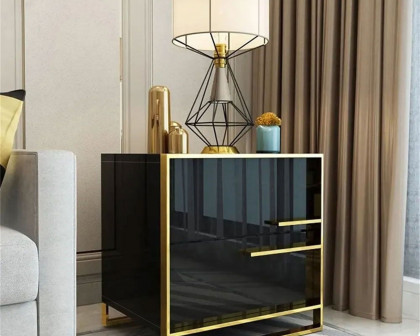 HMR Cylina Series Modern Square Nightstand with 2 Drawers - Black/Gold, Right Hand