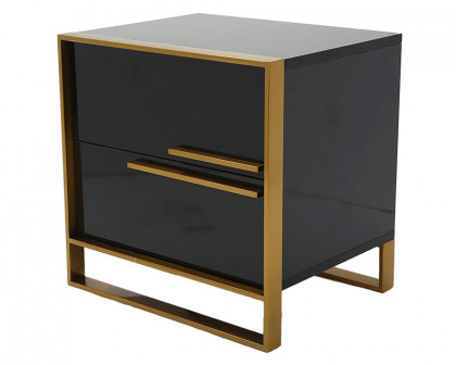 HMR Cylina Series Modern Square Nightstand with 2 Drawers - Black/Gold, Right Hand