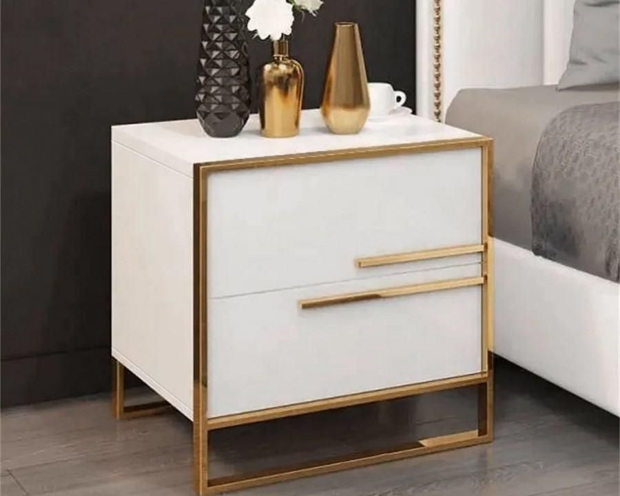 HMR Cylina Series Modern Square Nightstand with 2 Drawers - White/Gold, Right Hand