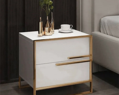 HMR Cylina Series Modern Square Nightstand with 2 Drawers - White/Gold, Right Hand