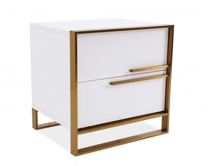 HMR Cylina Series Modern Square Nightstand with 2 Drawers - White/Gold, Right Hand