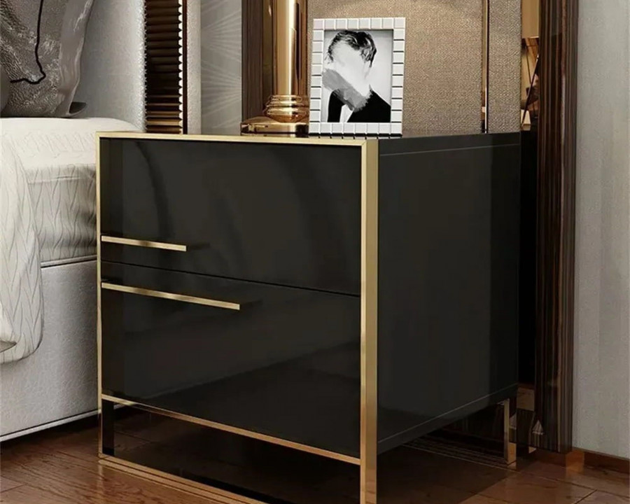 HMR Cylina Series Modern Square Nightstand with 2 Drawers - Black/Gold, Left Hand