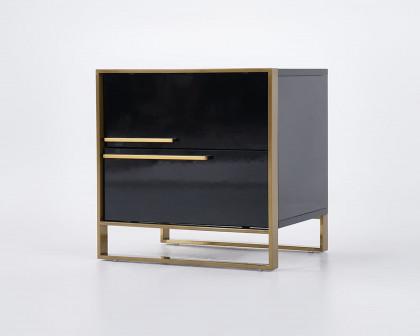 HMR Cylina Series Modern Square Nightstand with 2 Drawers - Black/Gold, Left Hand