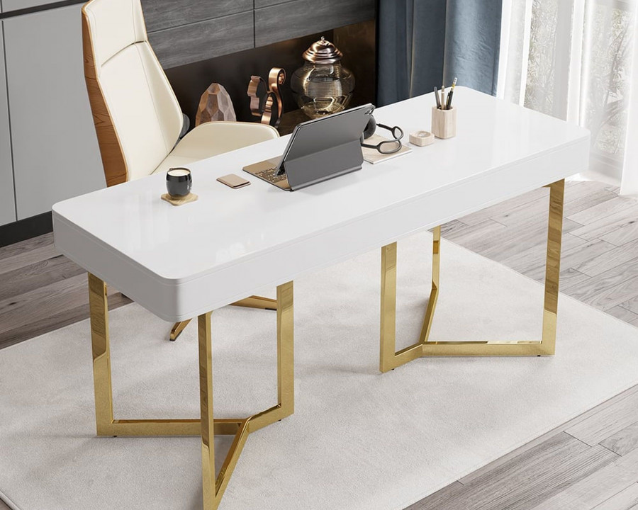 HMR Modern 63" Office Desk with Gold Tripod Base - White, Stainless Steel