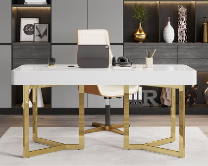 HMR Modern 63" Office Desk with Gold Tripod Base - White, Stainless Steel