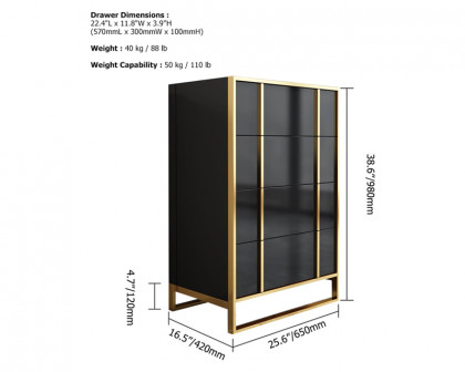 HMR Rimh Series Modern Chest with 4 Drawers - Gold/Black