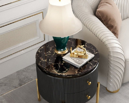 HMR Yelly Series 21" Round Side Table with Storage - Gold/Black, Faux Marble