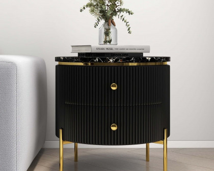 HMR Yelly Series 21" Round Side Table with Storage - Gold/Black, Faux Marble