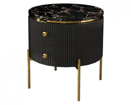 HMR Yelly Series 21" Round Side Table with Storage - Gold/Black, Faux Marble