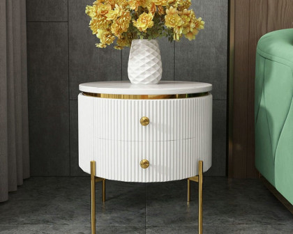 HMR Yelly Series 21" Round Side Table with Storage - White/Gold, Faux Marble