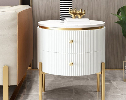 HMR Yelly Series 21" Round Side Table with Storage - White/Gold, Faux Marble