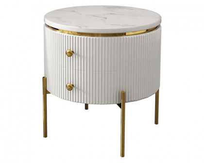 HMR Yelly Series 21" Round Side Table with Storage - White/Gold, Faux Marble