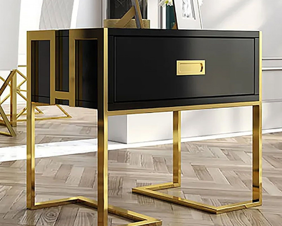 HMR Jocise Series Modern End Table with 1 Drawer & Golden Double Pedestal - Black