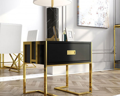 HMR Jocise Series Modern End Table with 1 Drawer & Golden Double Pedestal - Black