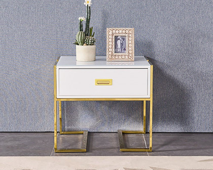 HMR Jocise Series Modern End Table with 1 Drawer & Golden Double Pedestal - White