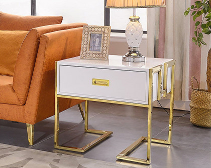 HMR Jocise Series Modern End Table with 1 Drawer & Golden Double Pedestal - White