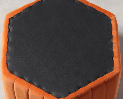 HMR Wide Hexagonal Pouf Ottoman - Orange, Velvet