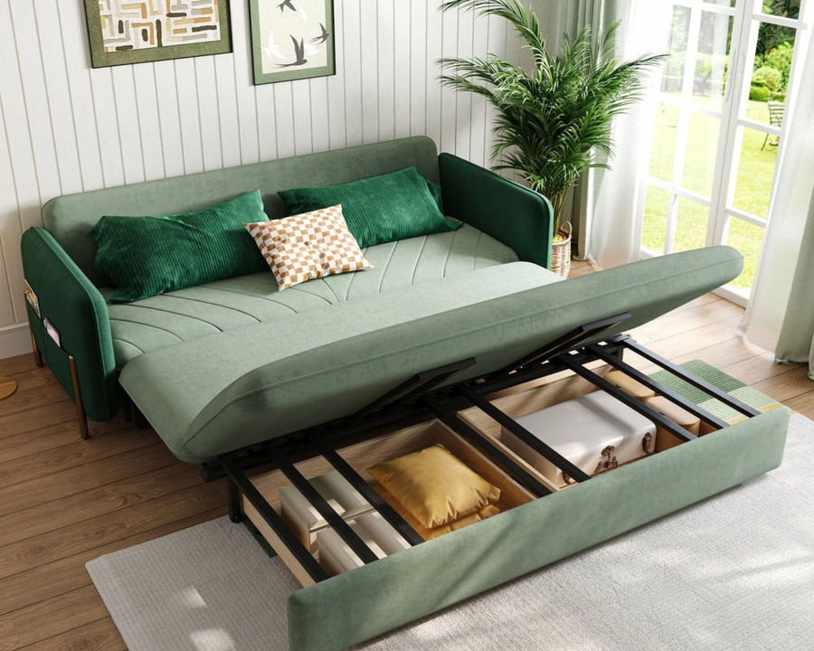 HMR Full 2-Seater Sleeper Sofa - Green/Gold, Velvet