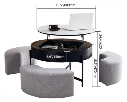 HMR Modern Round Lift-Top Coffee Table with Stools - White/Black