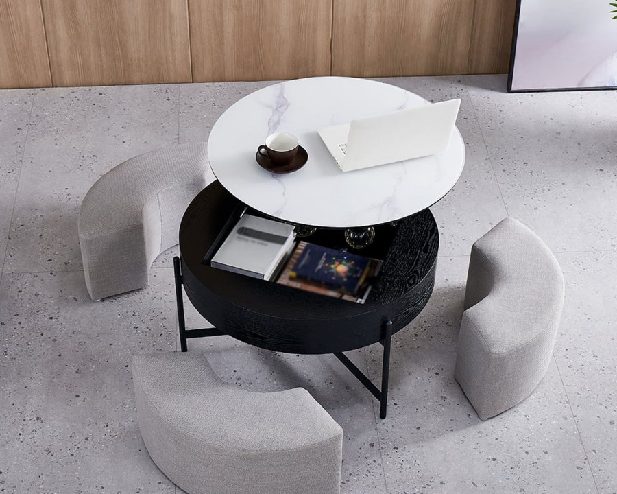 HMR Modern Round Lift-Top Coffee Table without Stools - White/Black