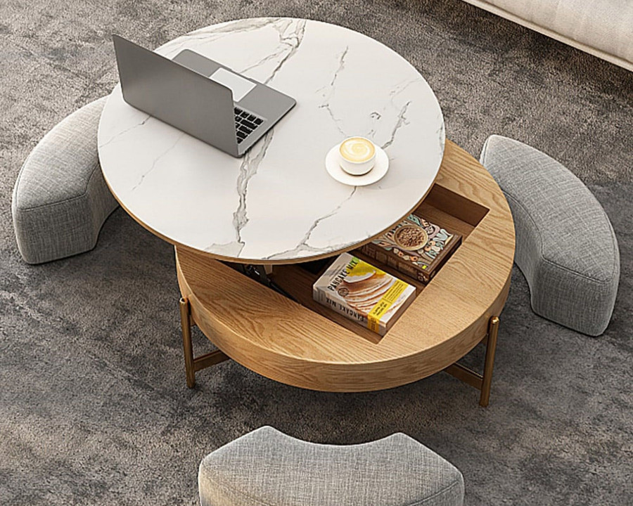 HMR Modern Round Lift-Top Coffee Table with Stools - White/Natural