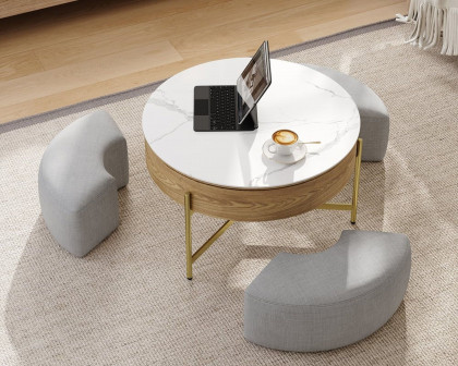 HMR Modern Round Lift-Top Coffee Table with Stools - White/Natural