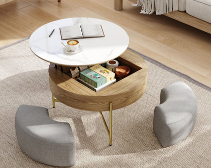 HMR Modern Round Lift-Top Coffee Table with Stools - White/Natural