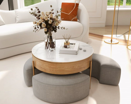 HMR Modern Round Lift-Top Coffee Table with Stools - White/Natural