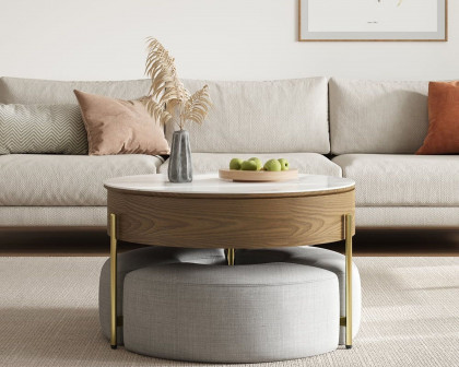 HMR Modern Round Lift-Top Coffee Table with Stools - White/Walnut