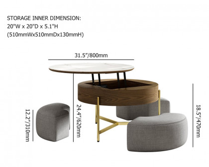 HMR Modern Round Lift-Top Coffee Table with Stools - White/Walnut