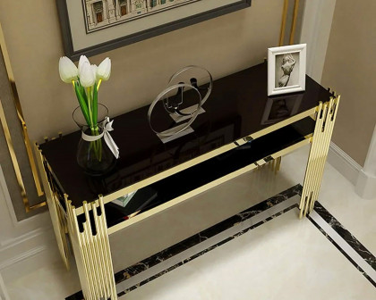 HMR 47.2" Modern Faux Marble Narrow Console Table with Storage Shelf and 4 Gold Legs - Black & Gold