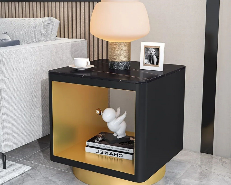 HMR Modern Side Table with Storage Hollow Cube - Black