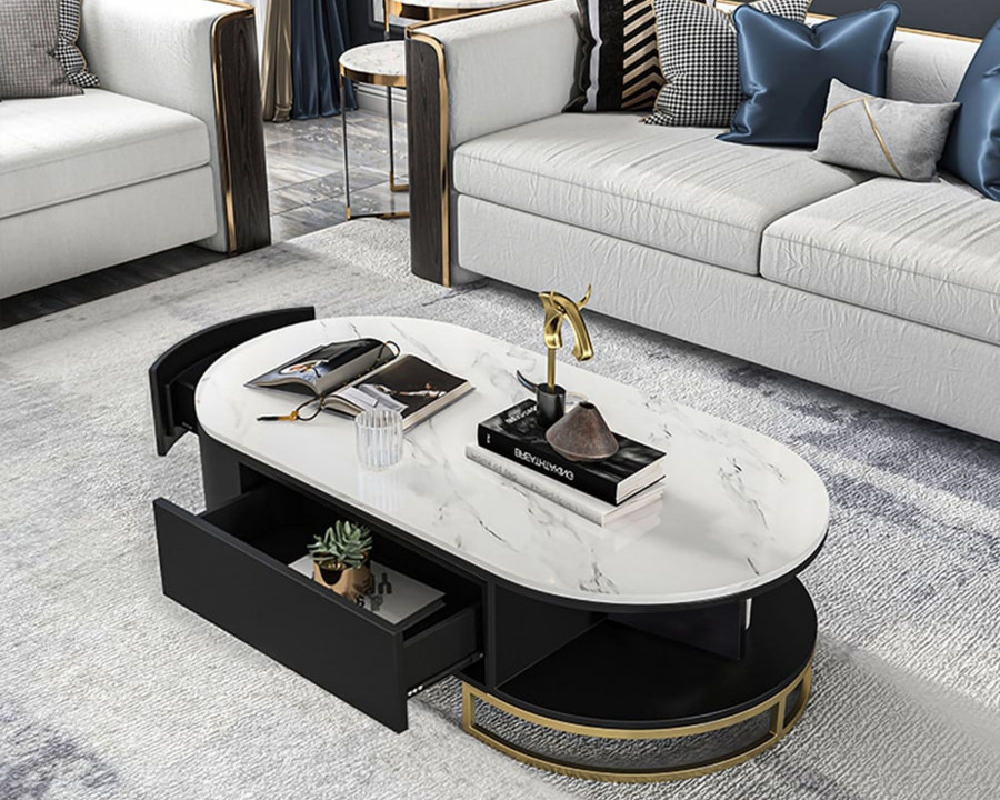 HMR - Oval Storage Coffee Table with Drawers Sintered Stone Gold Base in White