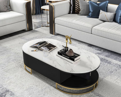 HMR - Oval Storage Coffee Table with Drawers Sintered Stone Gold Base in White