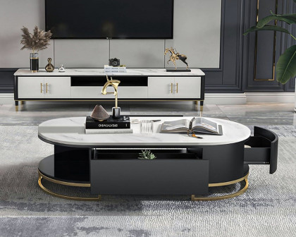 HMR - Oval Storage Coffee Table with Drawers Sintered Stone Gold Base in White