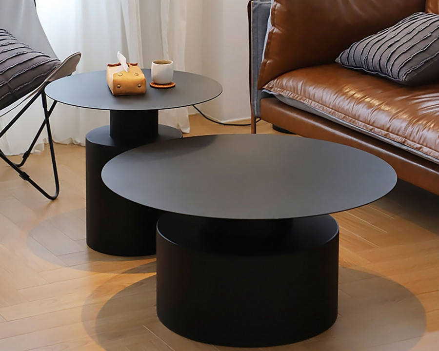 HMR - Round Metal Coffee Table Set of 2 in Black