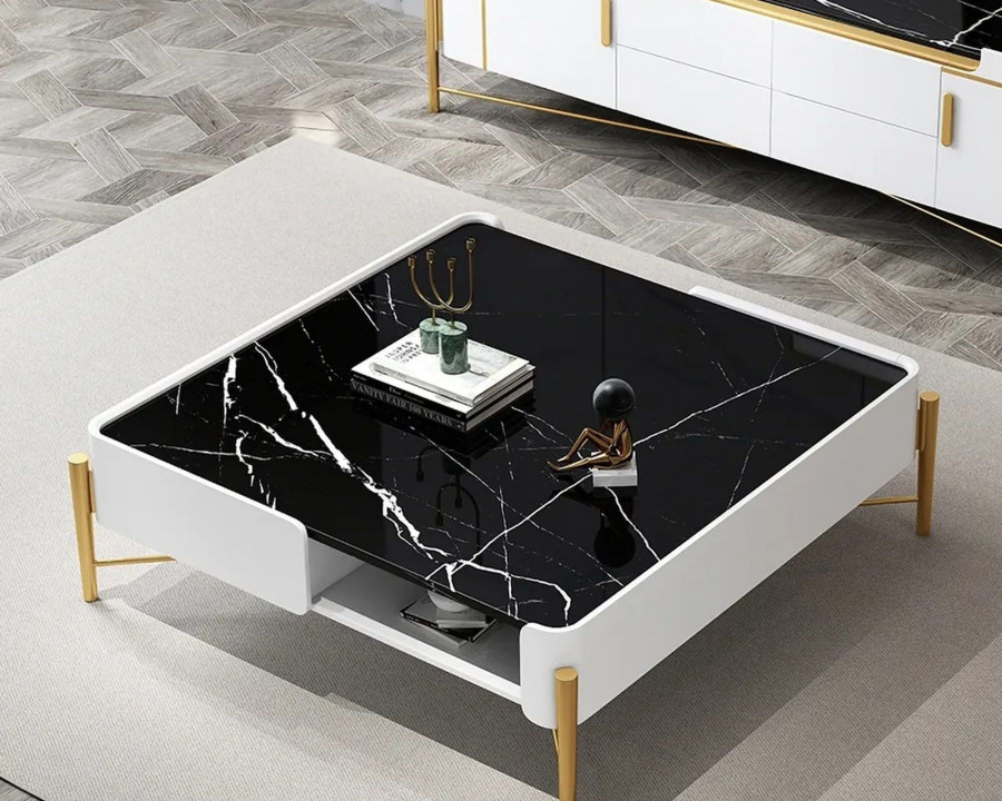 HMR - Faux Marble Square Coffee Table with Storage Gold Legs 2 Drawers and Open Shelves in White and Black