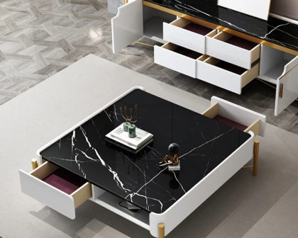 HMR - Faux Marble Square Coffee Table with Storage Gold Legs 2 Drawers and Open Shelves in White and Black