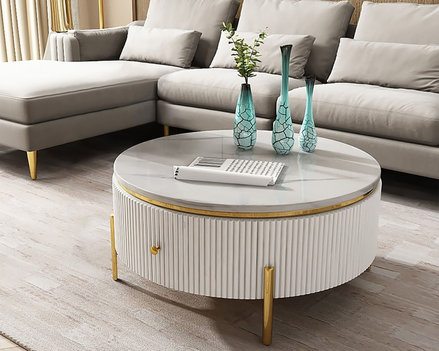 HMR - Round Coffee Table with Storage Marble Accent Table Stainless Steel in 31.5"Dia