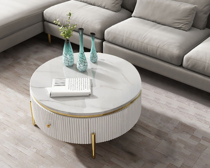 HMR - Round Coffee Table with Storage Marble Accent Table Stainless Steel in 31.5"Dia