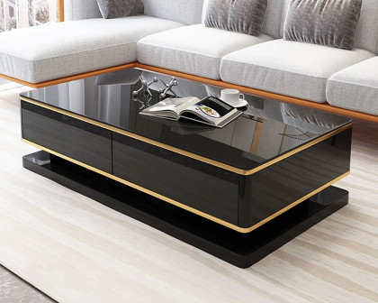 HMR Gapn Series Rectangular Coffee Table with Storage - Black, Tempered Glass