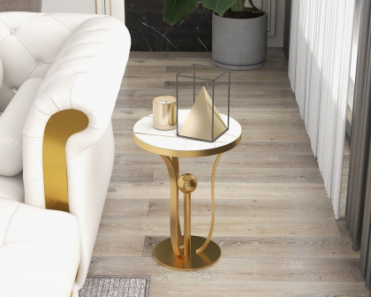 HMR Modern Round End Table with Stream-Lined Metal Pedestal - White